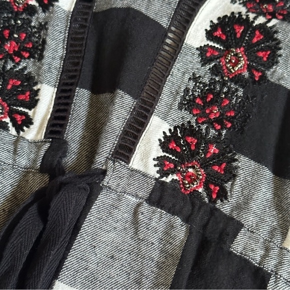 Christophe Sauvat Embroidered Black Check Tunic Dress Size S Relaxed Tie Waist - Picture 2 of 9